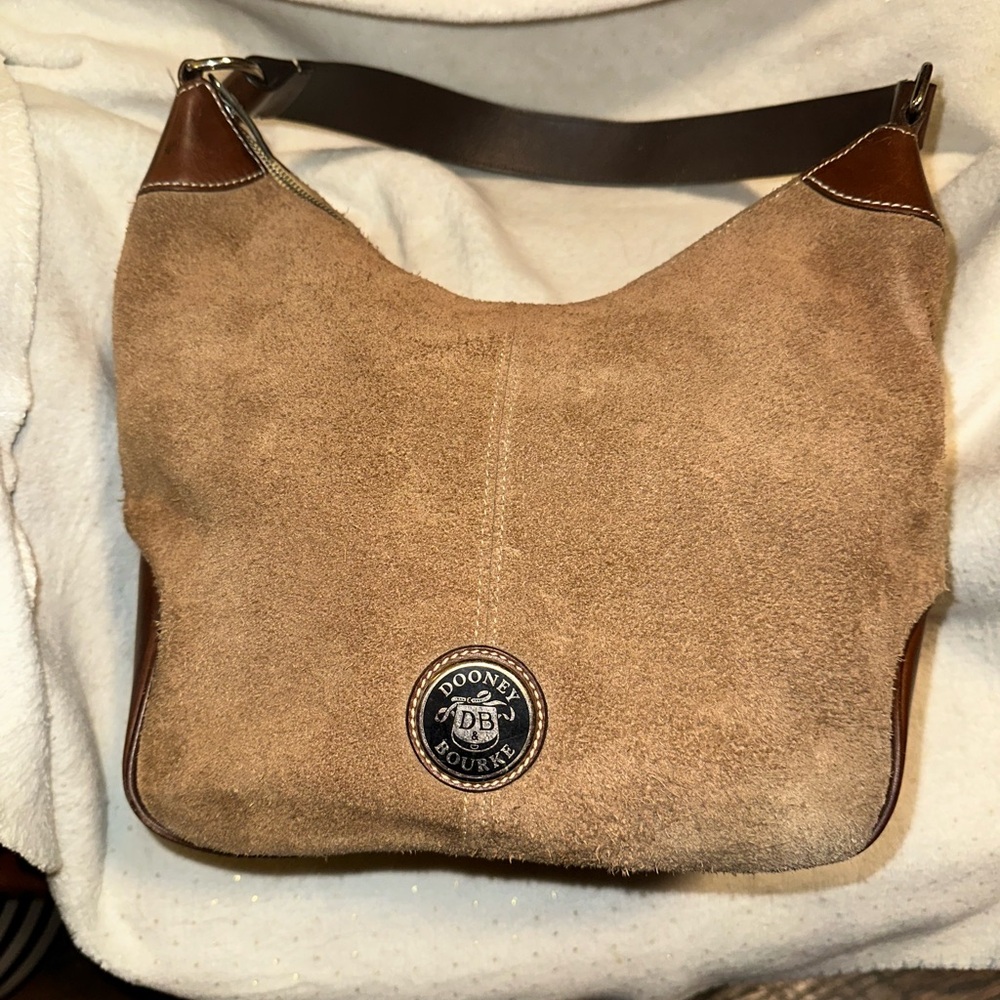Dooney & Bourke Tan Suede and Brown Leather Hobo Bag